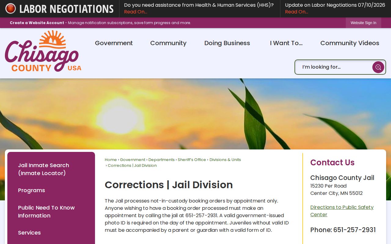 Chisago County Jail release information and facility page